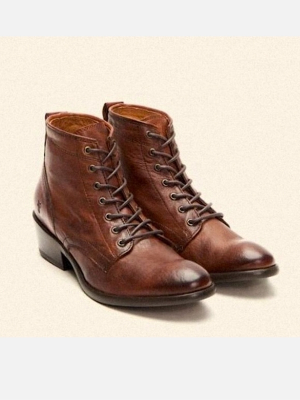 $369 Frye Carson Lace-Up Tan Cognac Real Leather Lace Up PullOn Heeled AnkleBoot